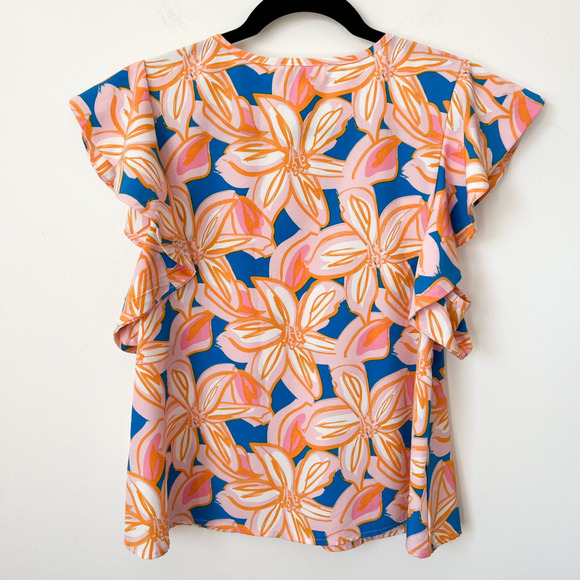 Michelle McDowell Tropical Floral Print Flutter Sleeve Notch Neck Top Resortwear - Picture 6 of 10